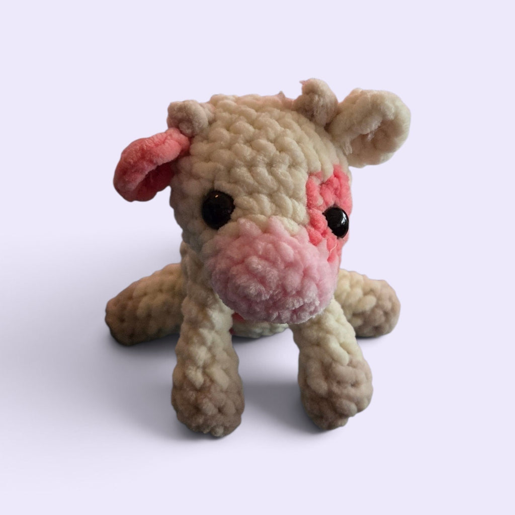 BrainRotPop handmade cream and pink crochet cow plushie made from soft chenille yarn with safety eyes