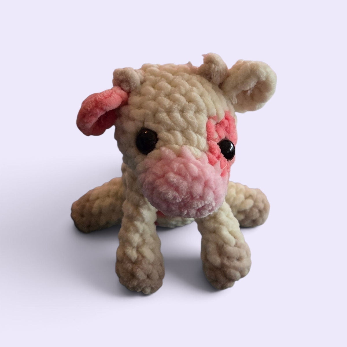 BrainRotPop handmade cream and pink crochet cow plushie made from soft chenille yarn with safety eyes