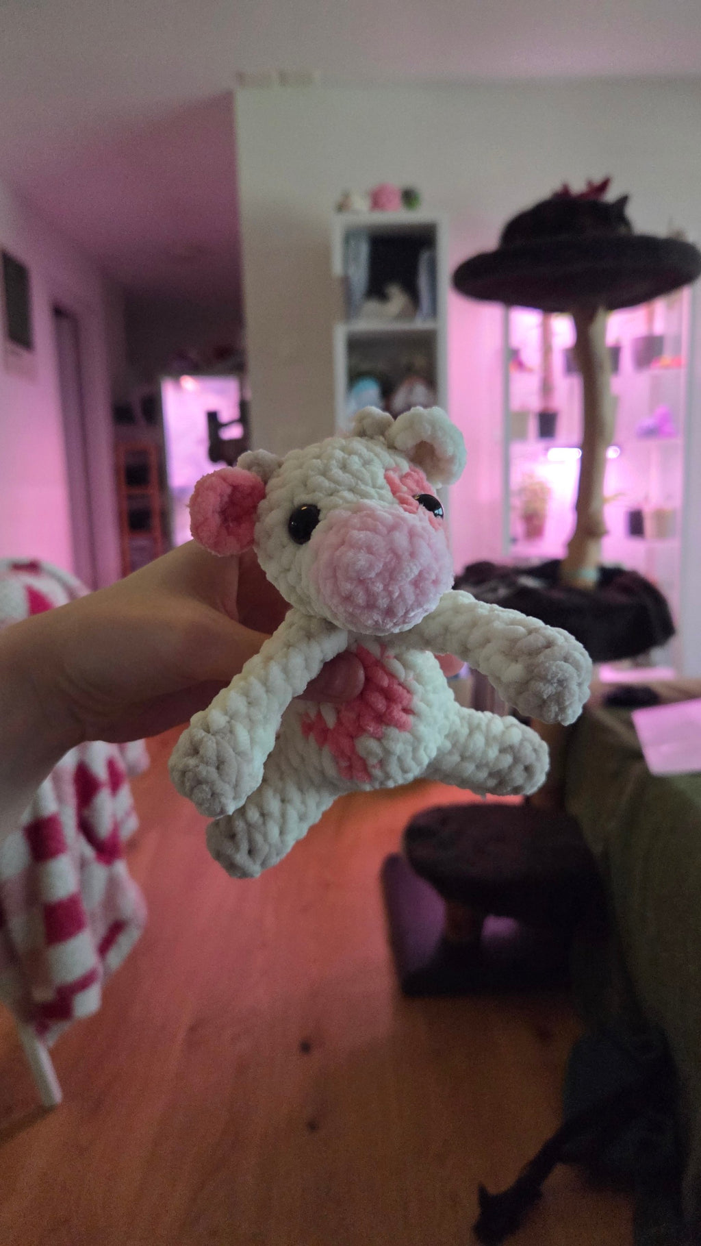 BrainRotPop handmade cream and pink crochet cow plushie made from soft chenille yarn with safety eyes