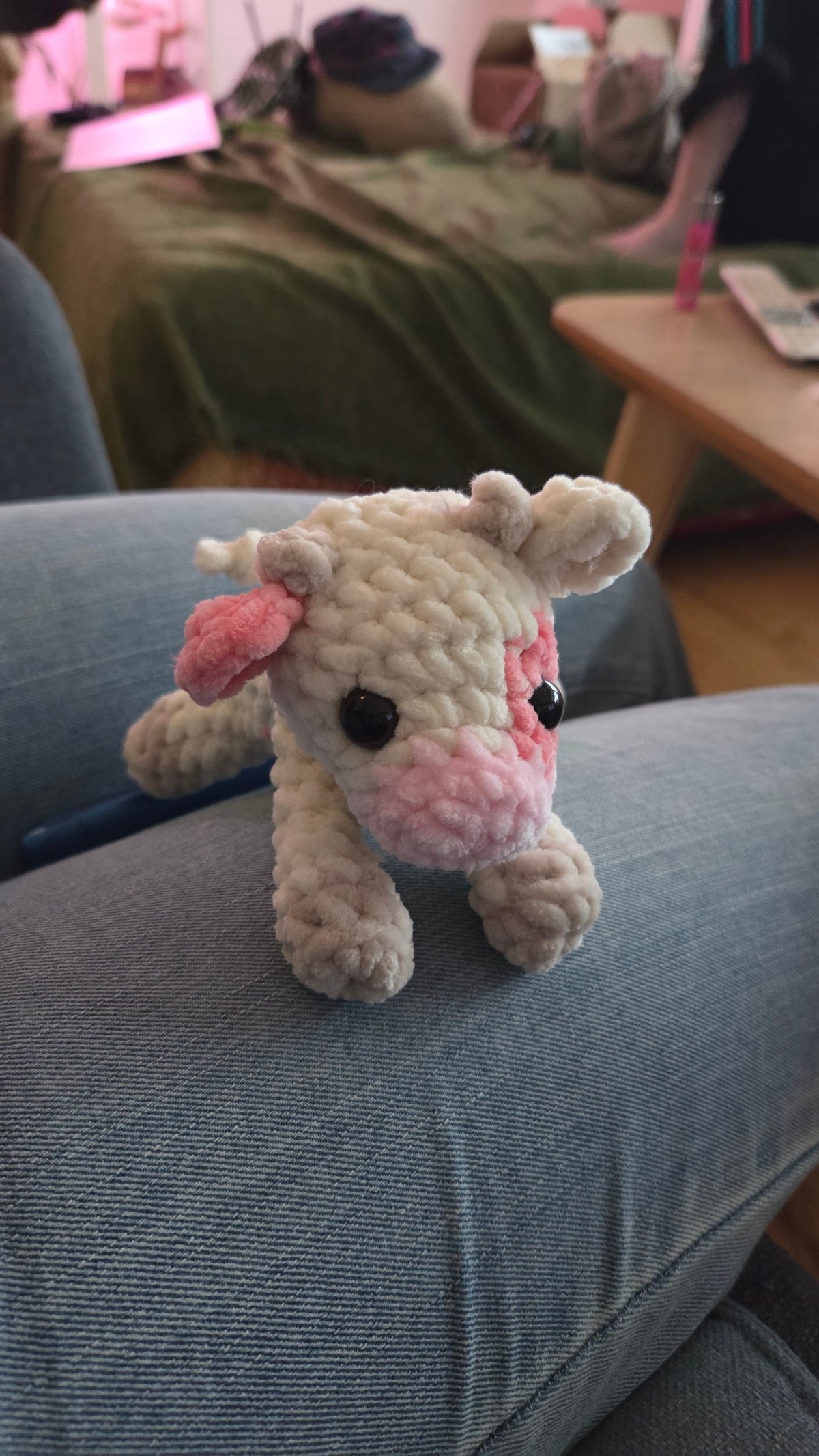 BrainRotPop handmade cream and pink crochet cow plushie made from soft chenille yarn with safety eyes.