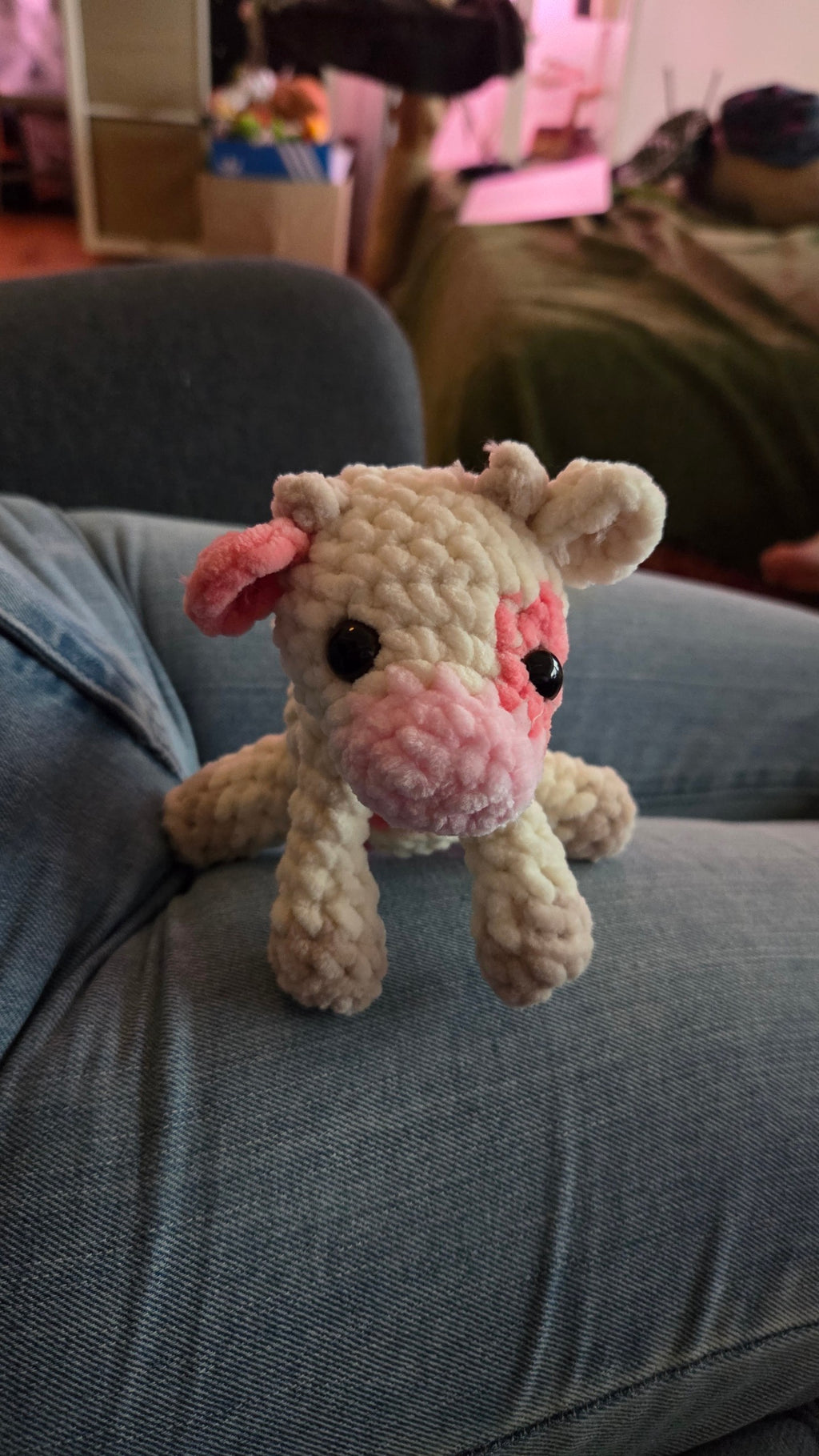 BrainRotPop handmade cream and pink crochet cow plushie made from soft chenille yarn with safety eyes.